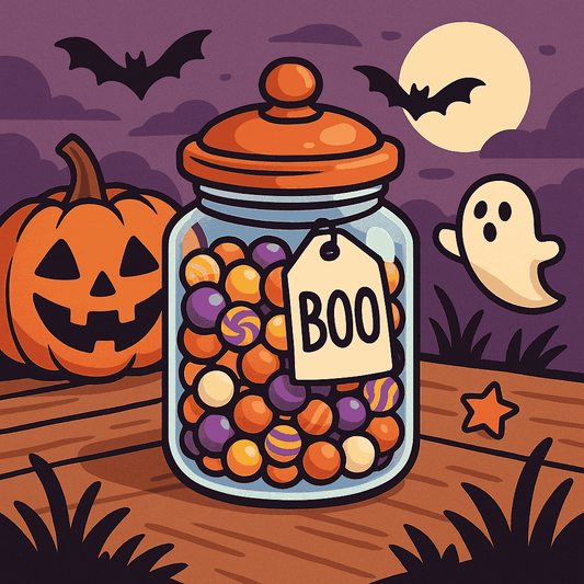 Cartoon-style Sweet Trolley candy jar with Boo label on a Halloween-themed desk with pumpkins and decorations