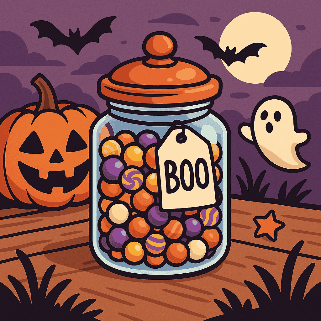 Cartoon-style Sweet Trolley candy jar with Boo label on a Halloween-themed desk with pumpkins and decorations